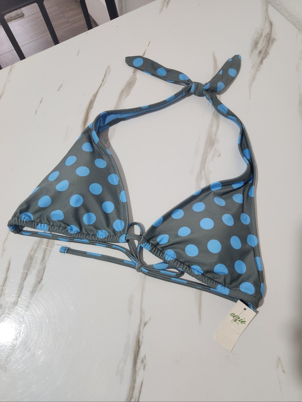 Aerie Halter Scoop Bikini Top - Teal with Light Blue Polka Dots - Picture 2 of 3